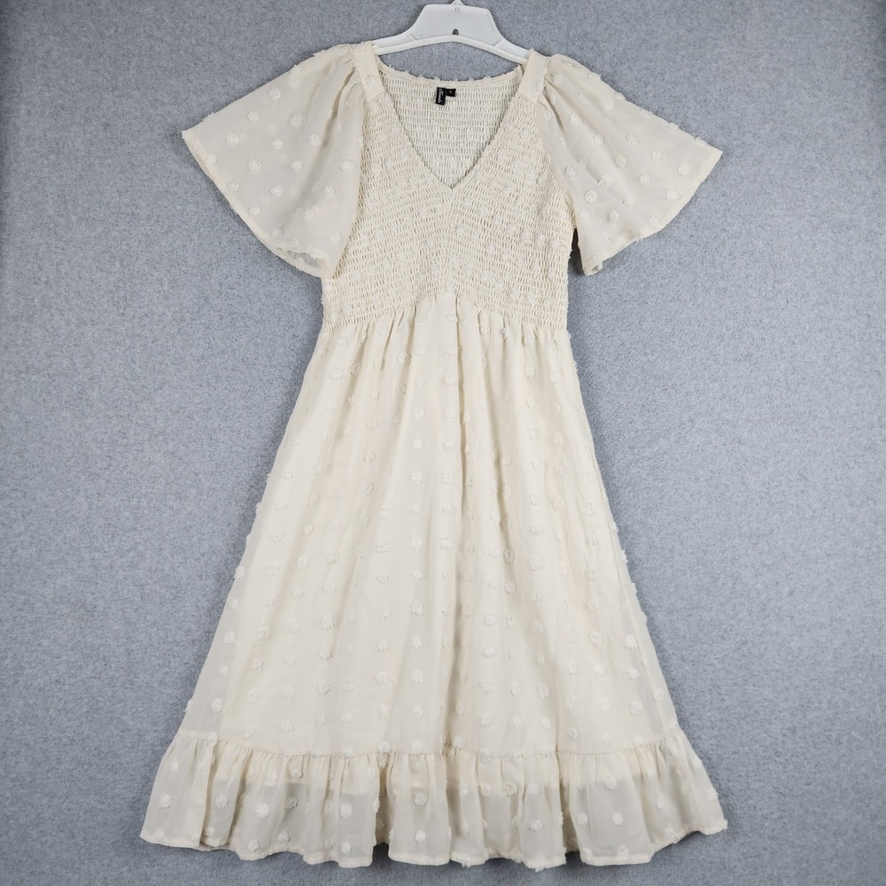 Kranda Dress Womens Small Cream Swiss Dot Smocked Chest Flutter Sleeve V-Neck